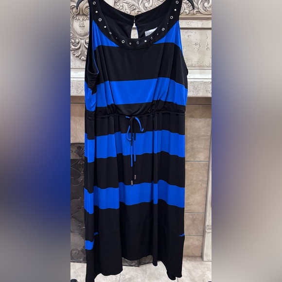 Catherine’s Size 3X 26/28 Blue Black Striped Sleeveless Maxi Dress Tie Waist - Picture 1 of 10